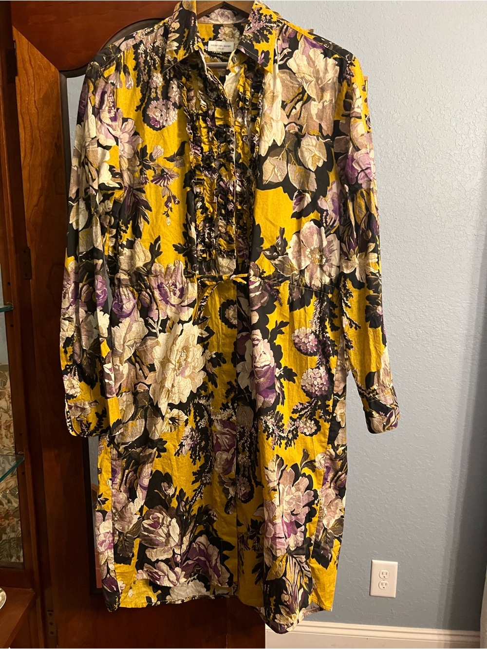 Dries Van Noten Mustard Floral Ruffle-Front Long Sleeve Dress